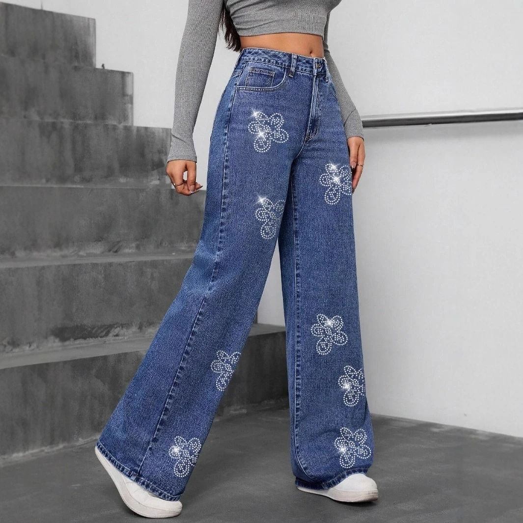 Jean en denim pour femme, style européen, nouvelle collection 2026, couleur unie, taille mi-haute, boutonné, été, écologique, coupe ample,